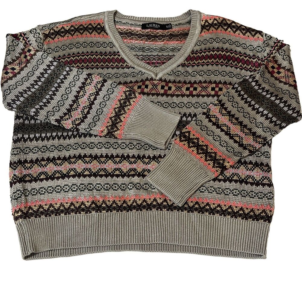 Ralph Lauren Black Label V Neck Fair Isle Viscose Sweater  Womens XL Multicolor